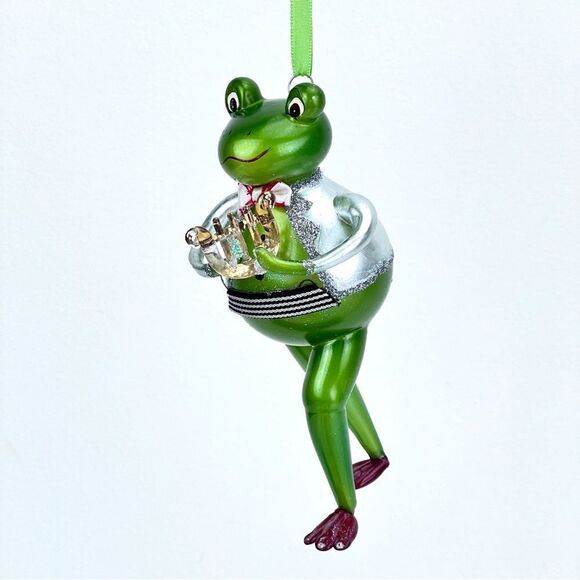 Blown Glass Christopher Radko Musician Green Frog Ornament With Instrument - Picture 1 of 6